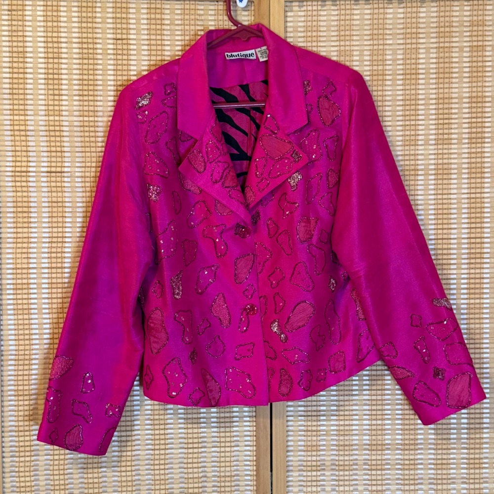 Blutique Hot Pink 100% Silk Beaded Sequin Blazer Jacket Zebra Lining Large Y2K